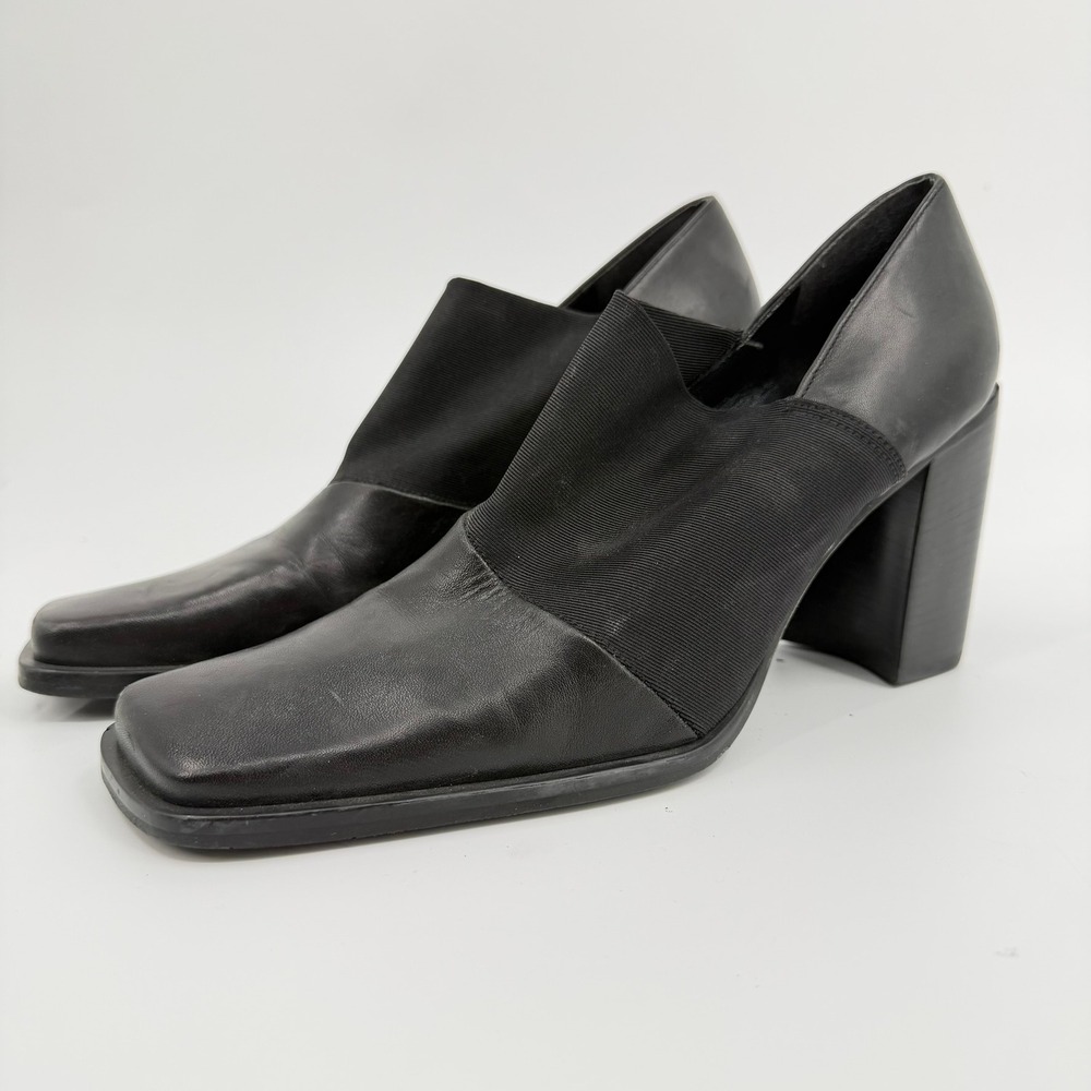 Nine West Square Toe Block Heel Shootie Y2K Women Size 11M Black Leather Pumps